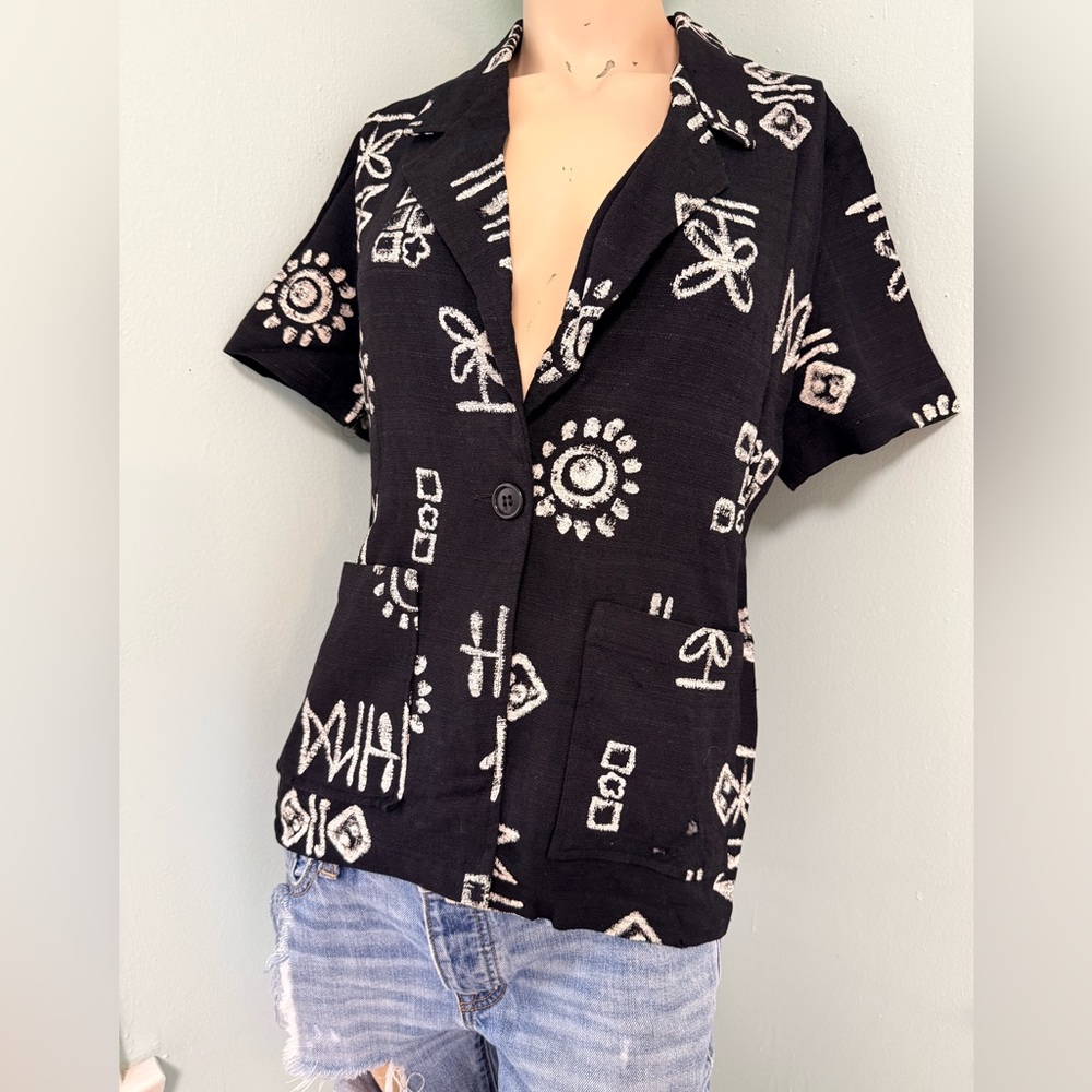 🖤Vintage 80s 90s Funky Resort Wear Whimsigoth Black & White Button Down Shirt